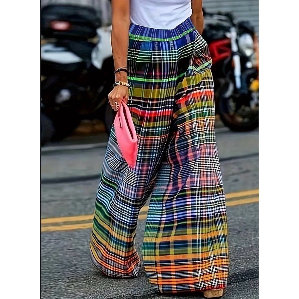 Plaid Multicolor Wide-Leg Palazzo High Waist Pants S Festival Cocktail Preppy